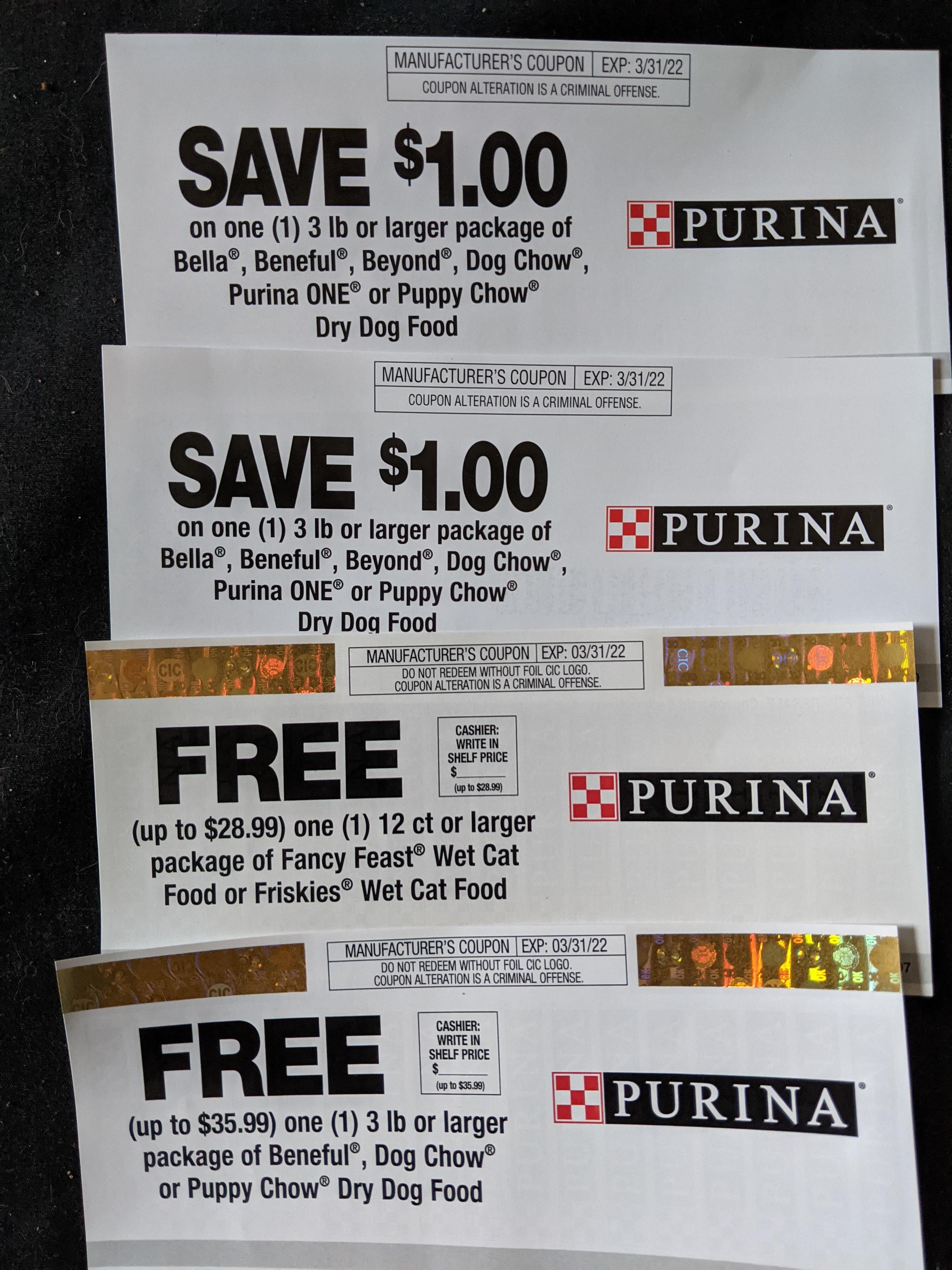 My free animal food coupons.
